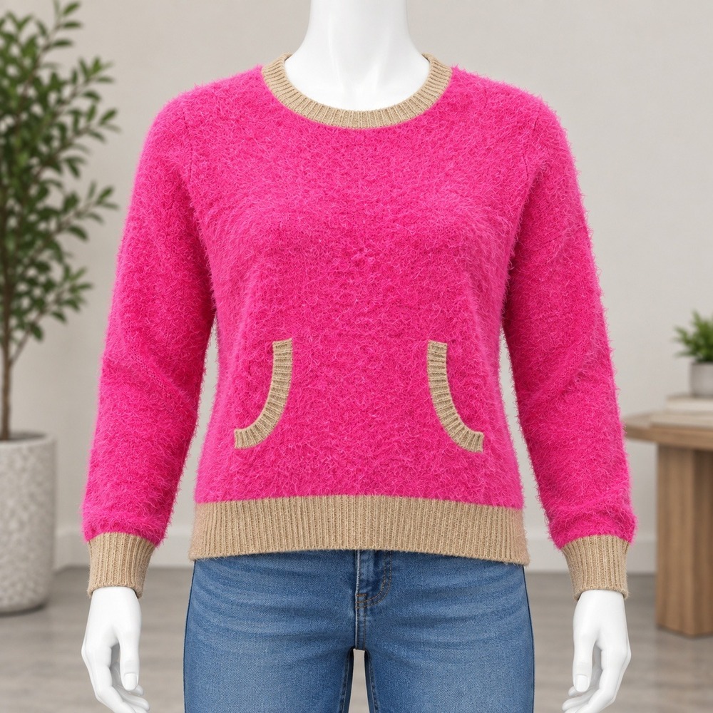 Juicy Couture Fuzzy Knit Sweater Womens XS Pink Gold Metallic Eyelash Pocket